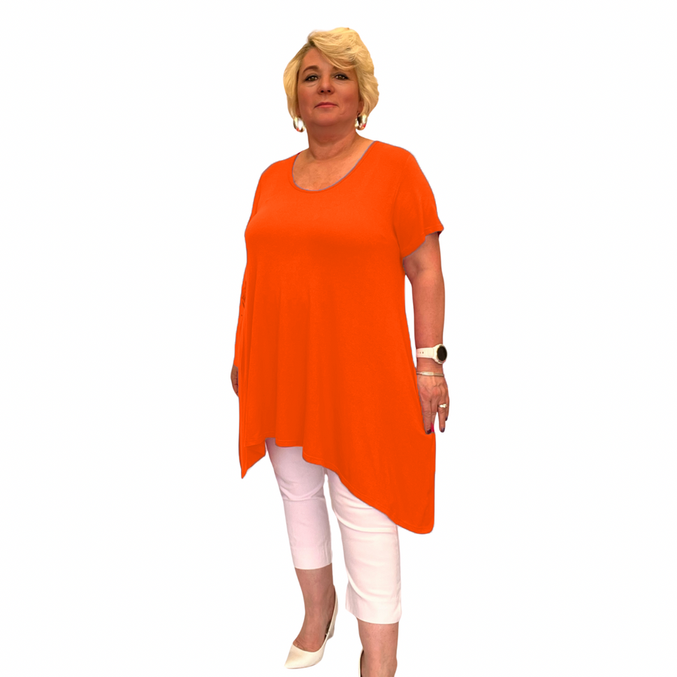 LONG PLAIN HANKY HEM SHORT SLEEVE SWING TOP / T-SHIRTOrange / UK 14