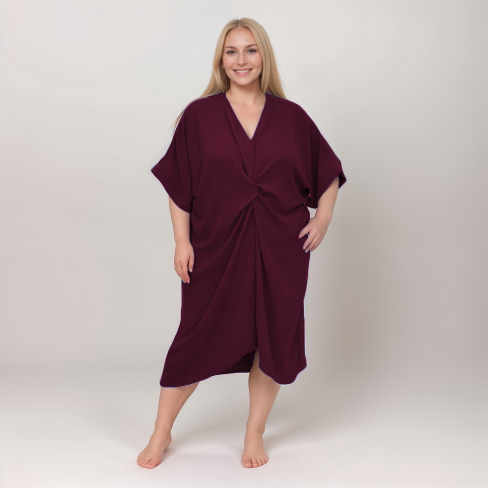 ROCKTHOSECURVES PLAIN LOOSE FITTING V NECK KNOT FRONT DRESSWINE / UK 16-18