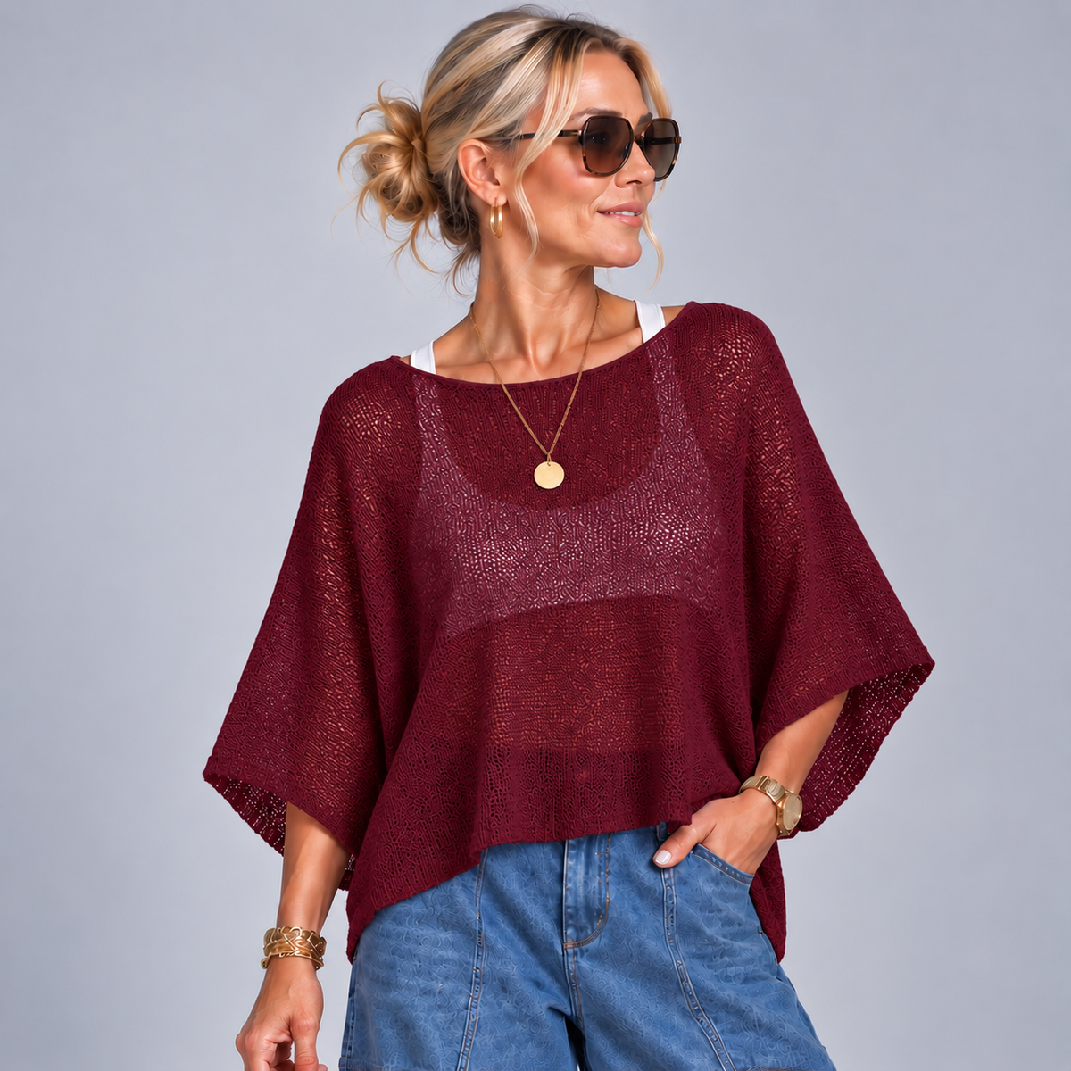 Lightweight 1/2 Sleeve Slash Neck Cotton Top