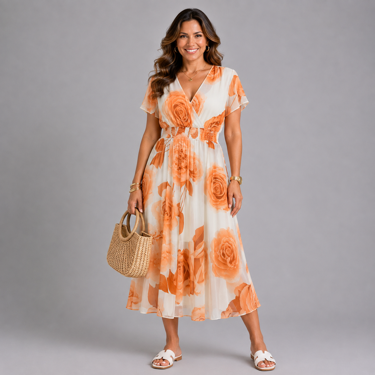 Mock V-Neck Roses Print Lined Midi Dress