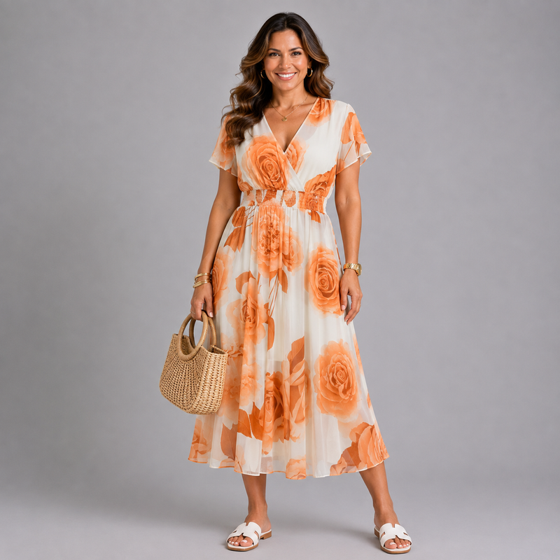 Mock V-Neck Roses Print Lined Midi Dress