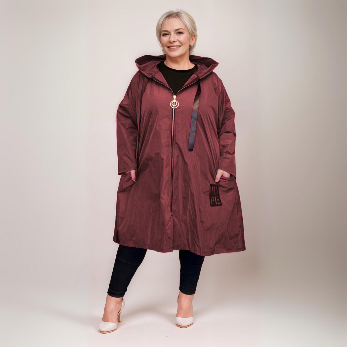 A LINE DIPPED HEM JACKET RAIN MAC COAT WITH HOOD