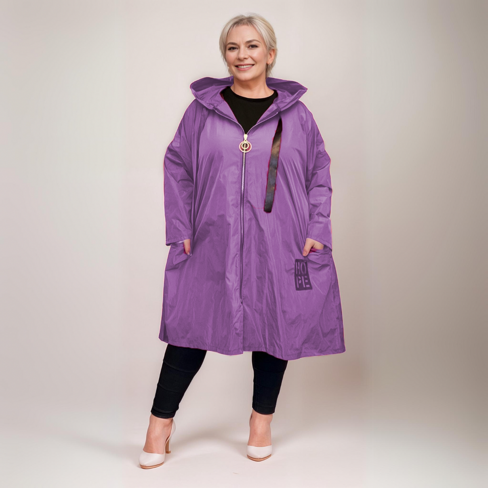 A-LINE DIPPED HEM JACKET RAIN MAC / COAT WITH HOODPurple / UK 12-14