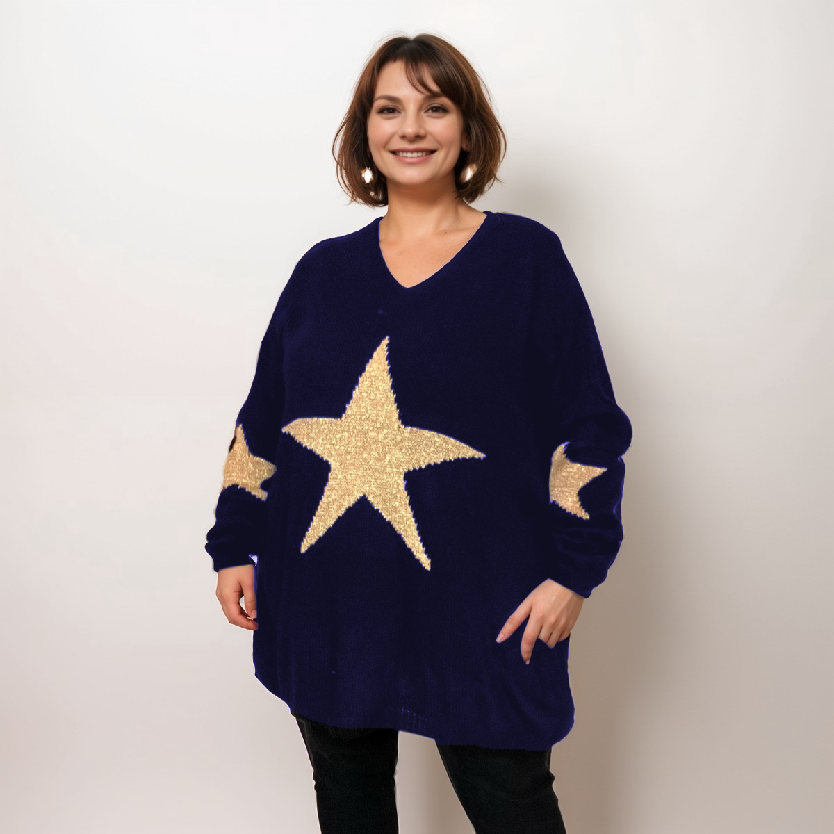 OVERSIZED V NECK KNITTED JUMPER WITH GOLD STARS