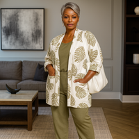 Open Front Loose Fitting Leaf Print Jacket