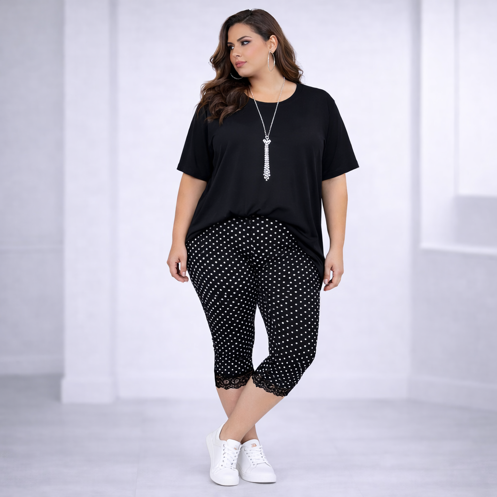Black White Polka Dot Lace Hem 3/4 Length Capri Leggings