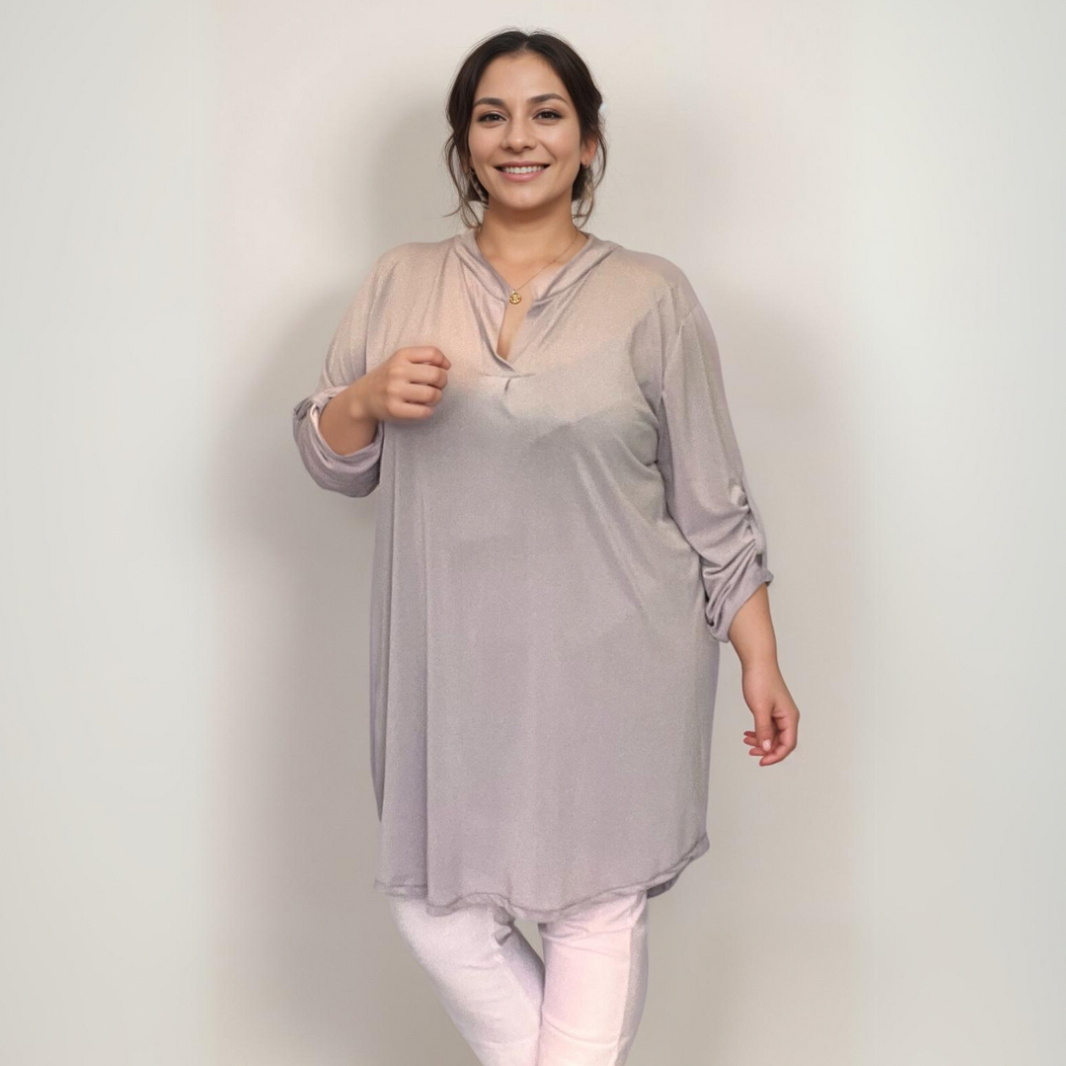 Plus‑Size V‑Neck Long Dipped Hem Top with Button Sleeves