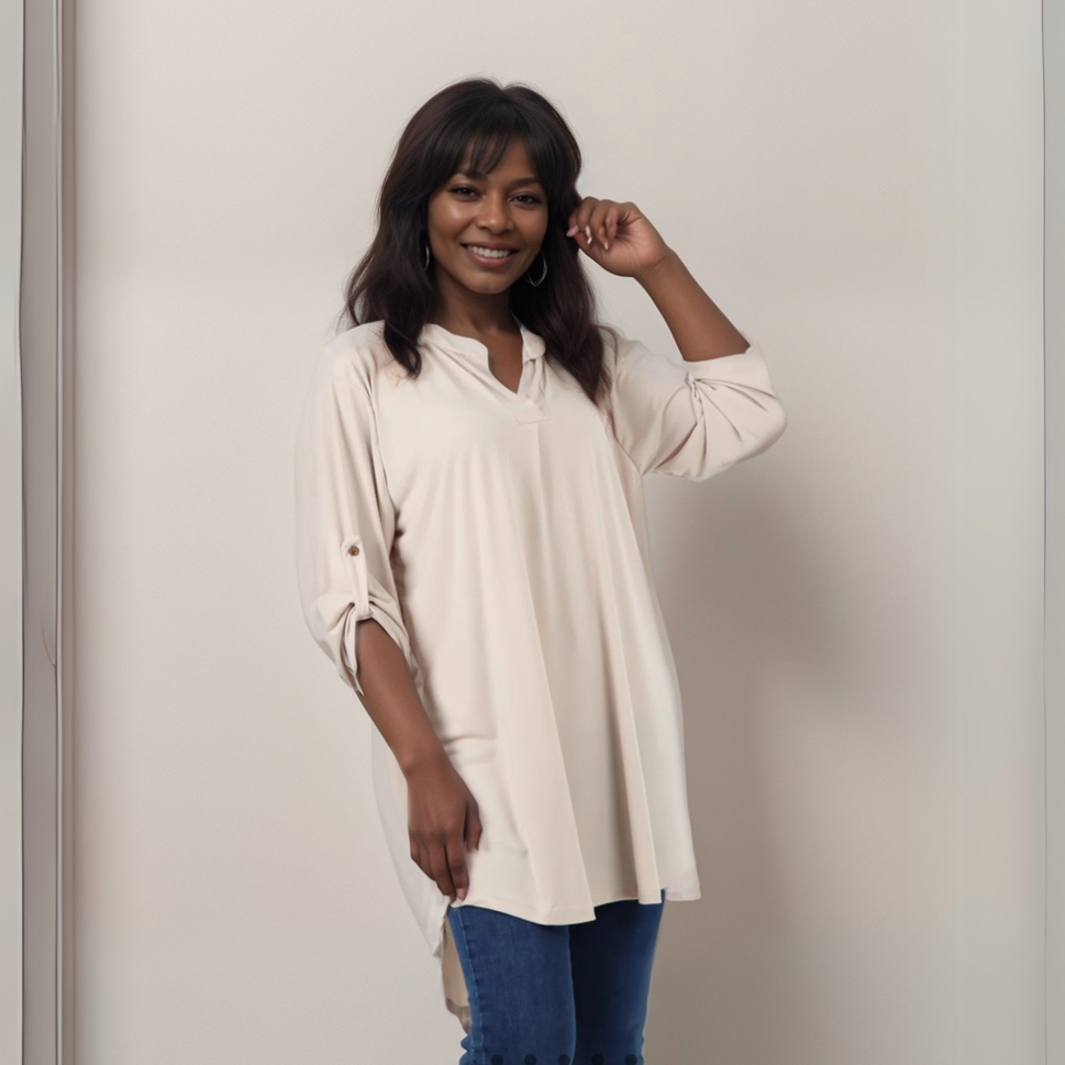 Plus‑Size V‑Neck Long Dipped Hem Top with Button Sleeves