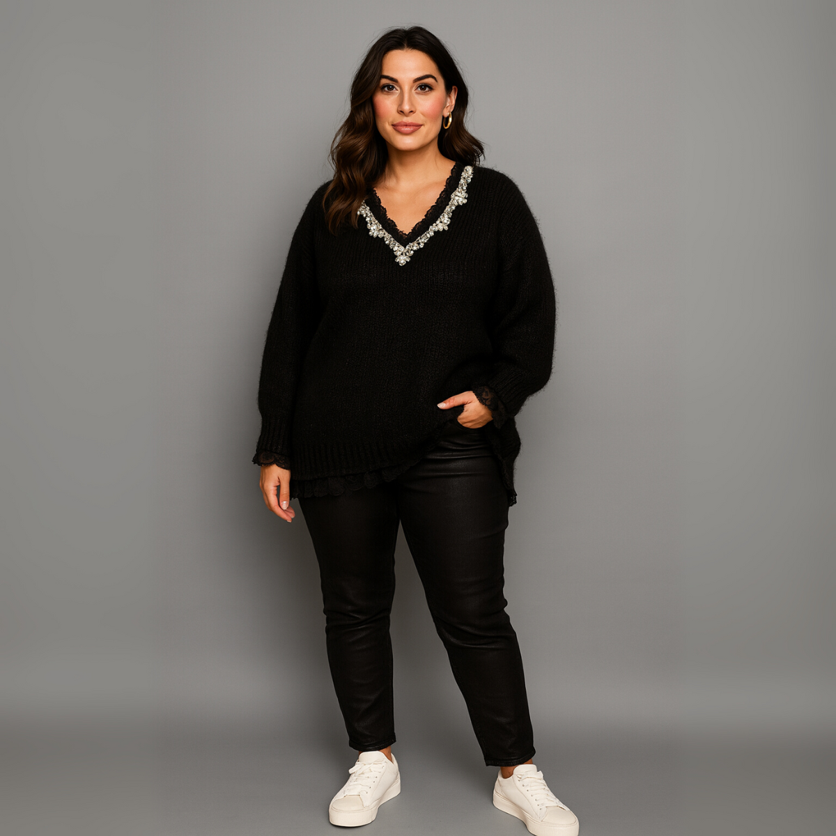 Super Soft V neck Jumper with Lace and Jewels