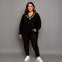 Super Soft V neck Jumper with Lace and Jewels