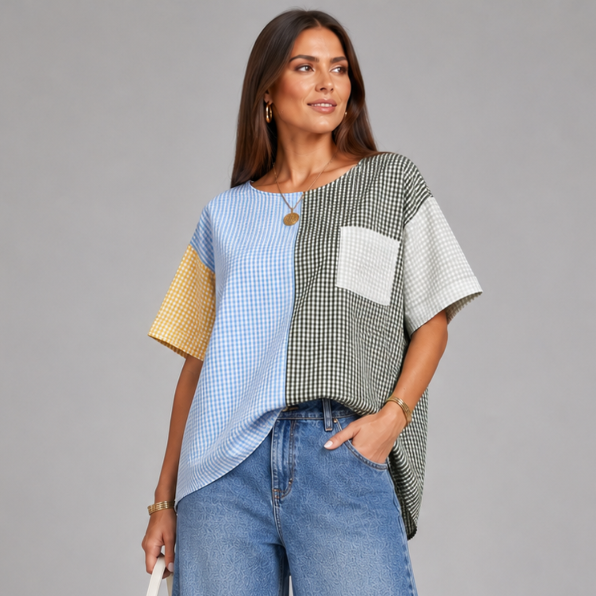 Patchwork Checked Short Sleeve Blouse