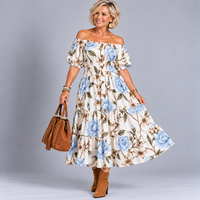 Large Flower Print Bardot Gypsy Midi Dress