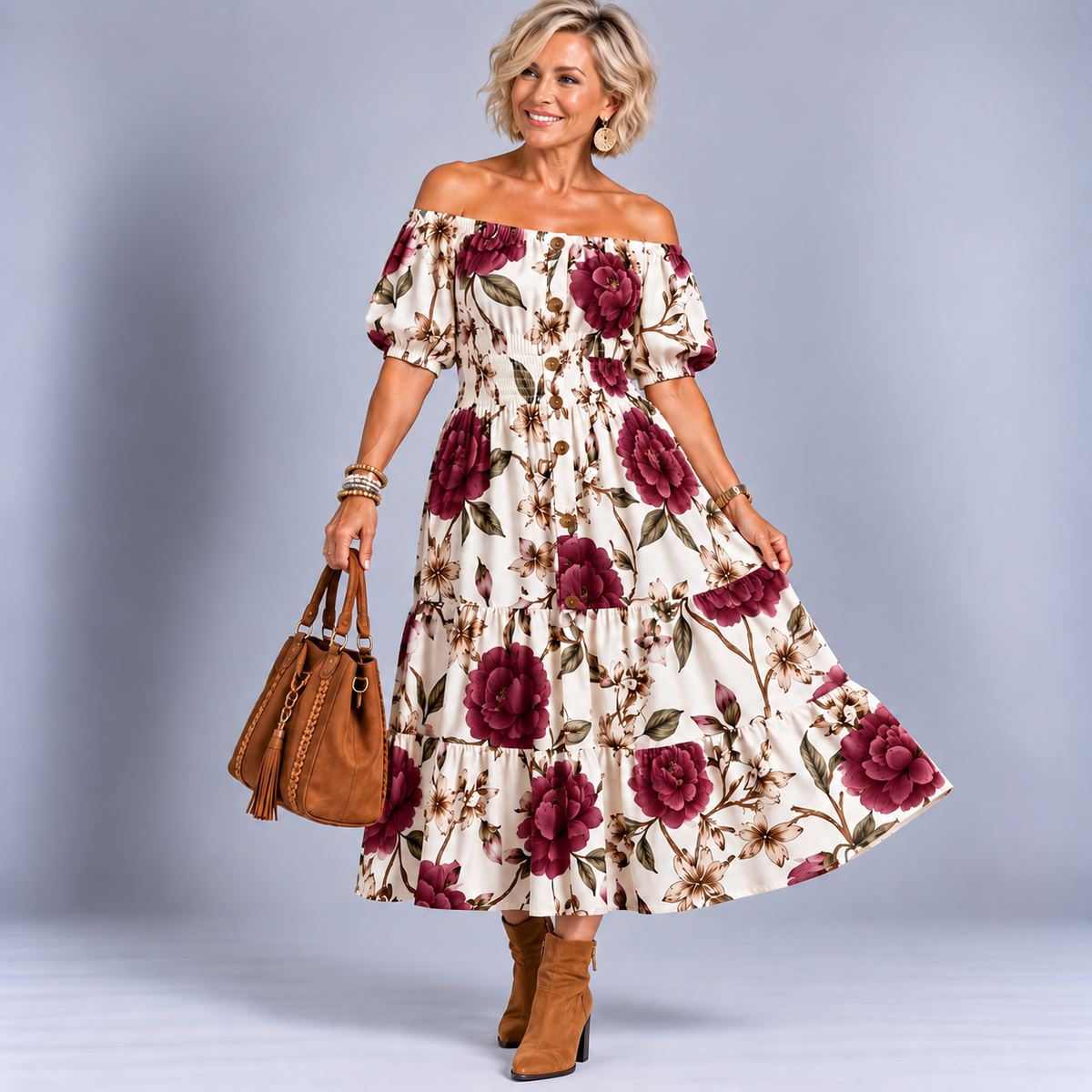 Large Flower Print Bardot Gypsy Midi Dress