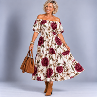 Large Flower Print Bardot Gypsy Midi Dress