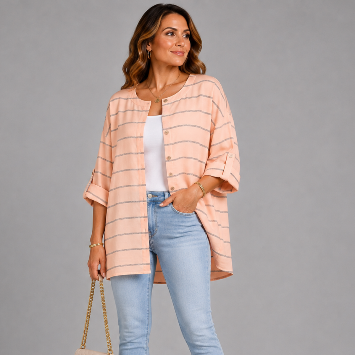 Cotton Button Fastening Striped Top / Jacket