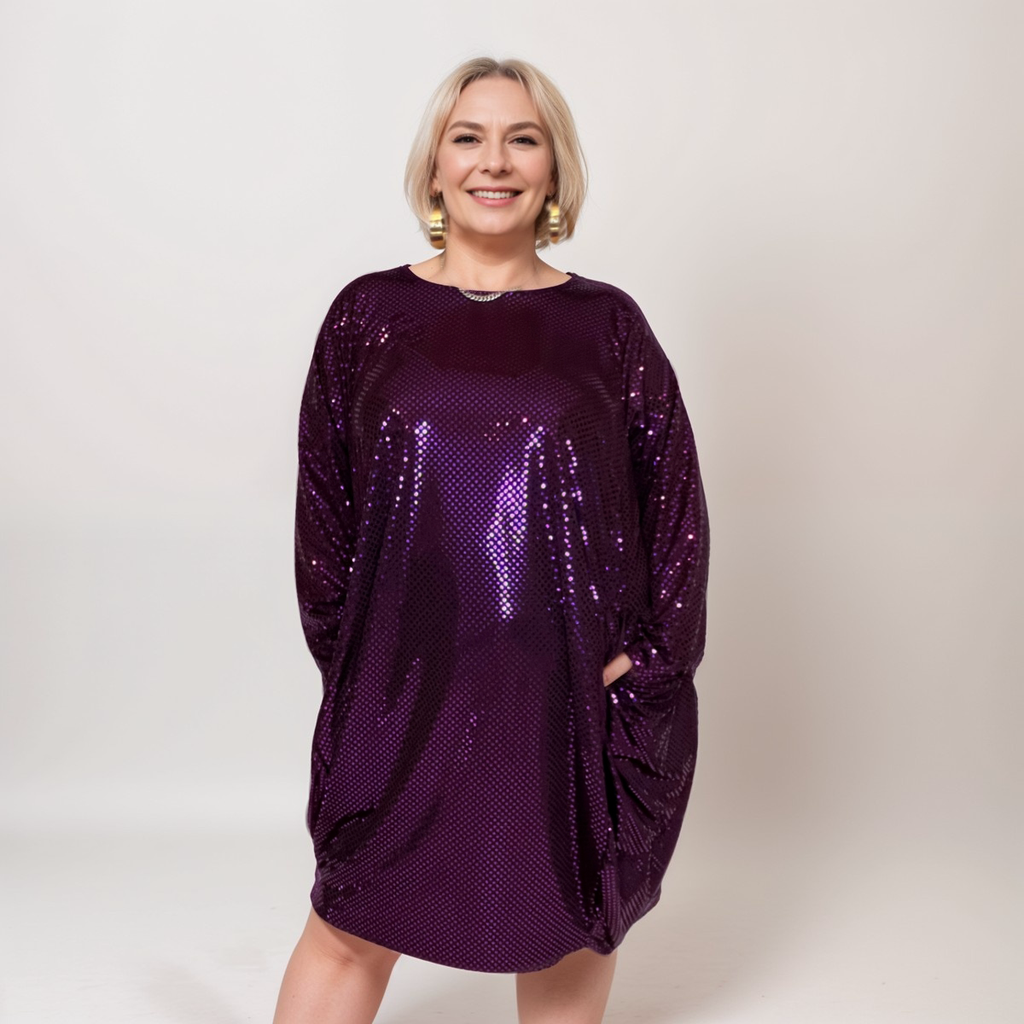 PURPLE SEQUIN LOOSE FIT DIPPED HEM DRESS + POCKETS