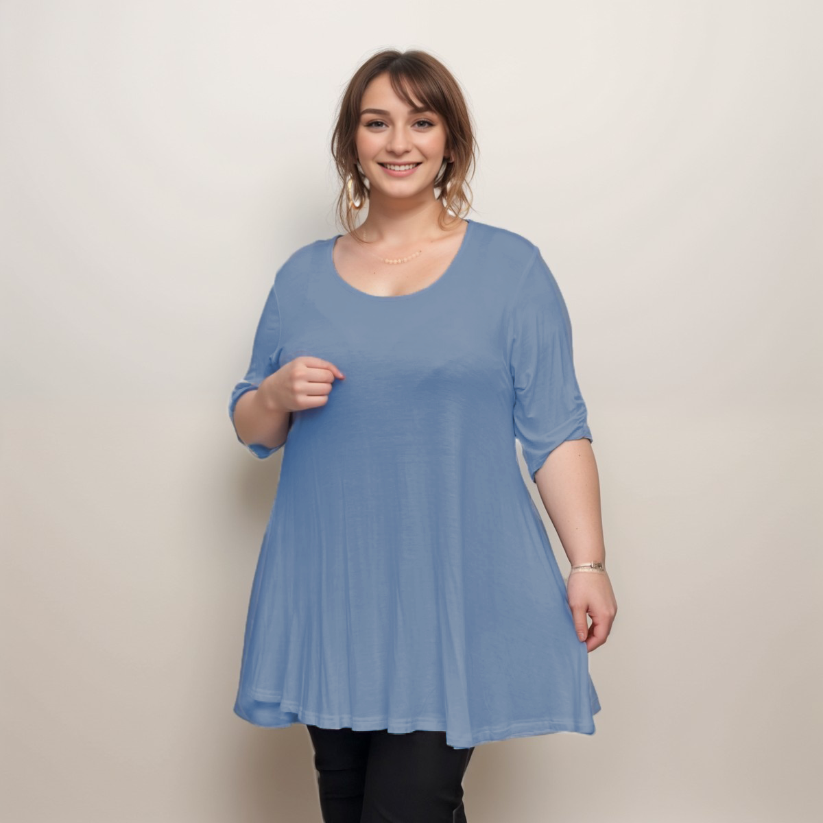 LOOSE FITTING A-LINE SWING TOP WITH BUTTON SLEEVES