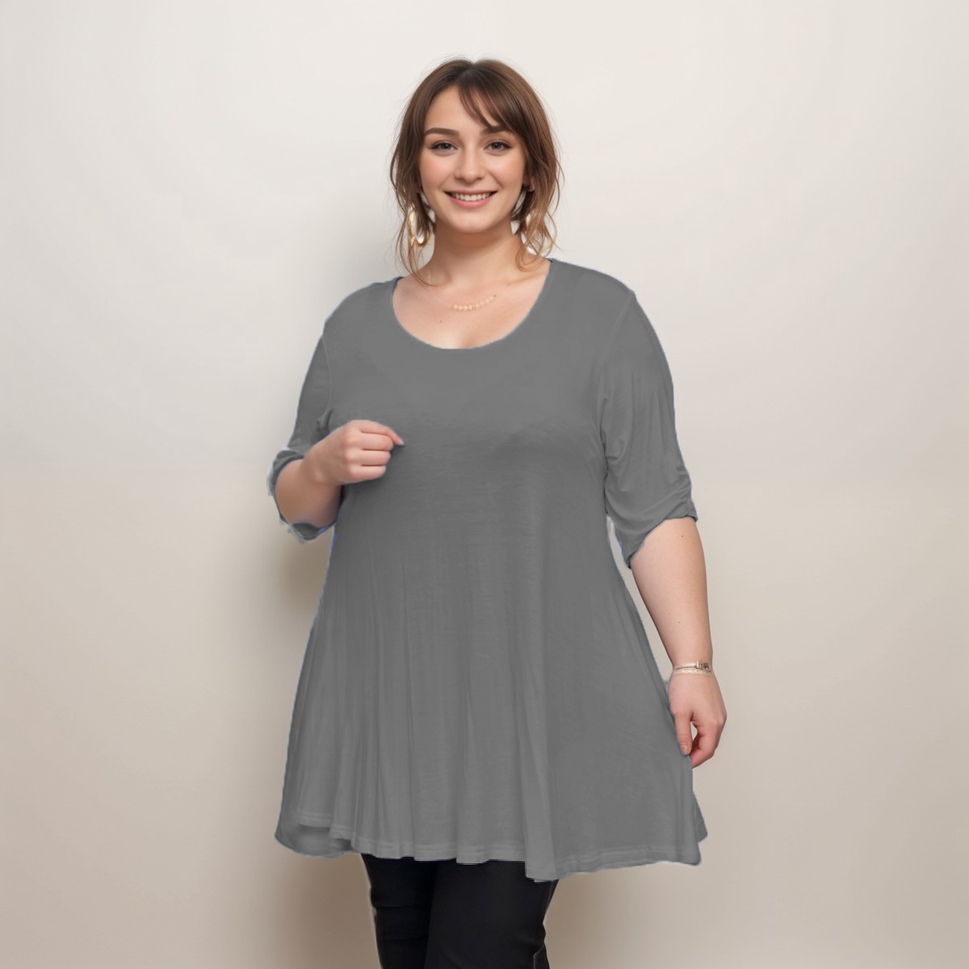 ROCKTHOSECURVES LOOSE FITTING A-LINE SWING TOP WITH BUTTON SLEEVESCharcoal / UK 14