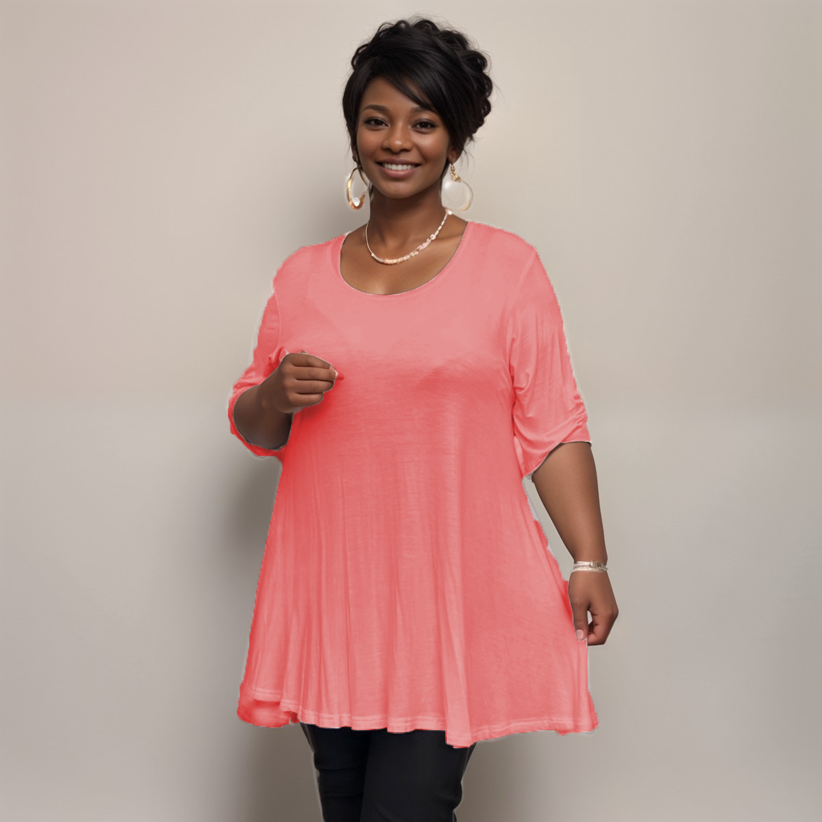 LOOSE FITTING A-LINE SWING TOP WITH BUTTON SLEEVES