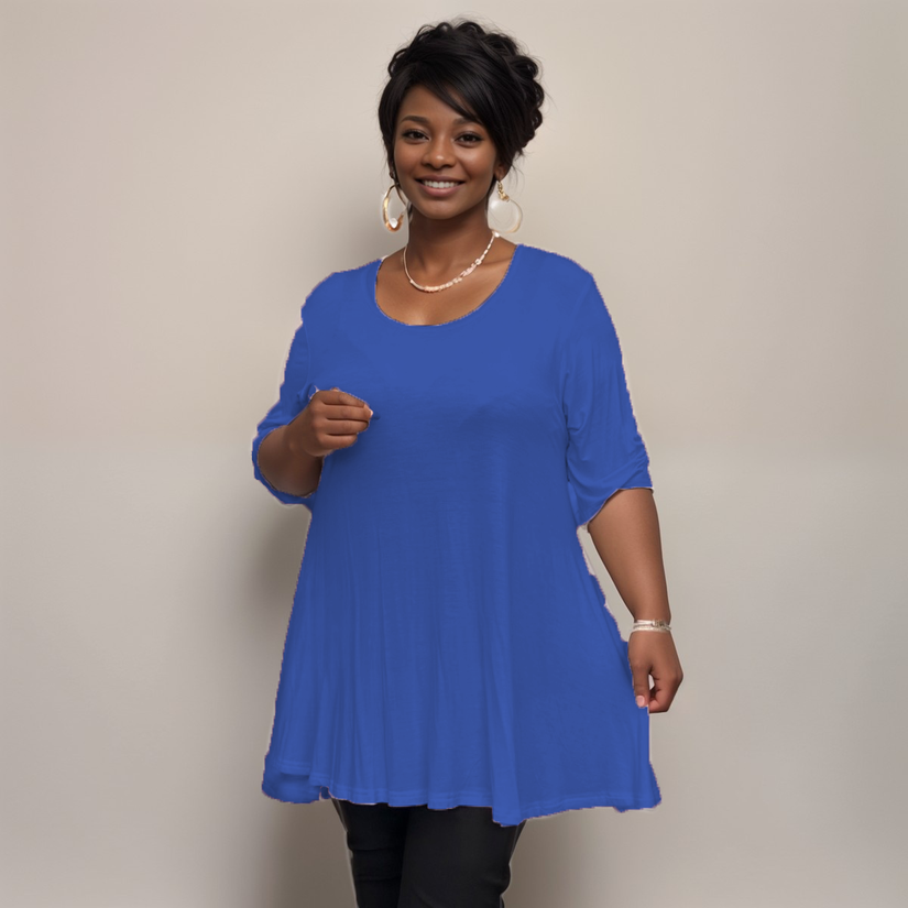 LOOSE FITTING A-LINE SWING TOP WITH BUTTON SLEEVES