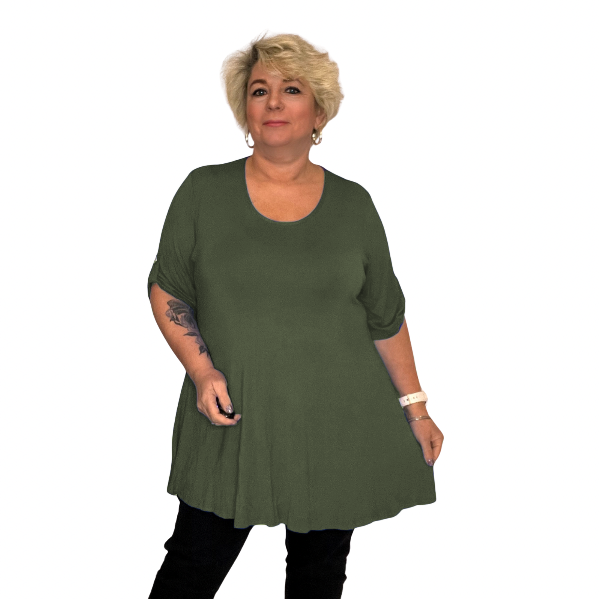LOOSE FITTING A-LINE SWING TOP WITH BUTTON SLEEVES