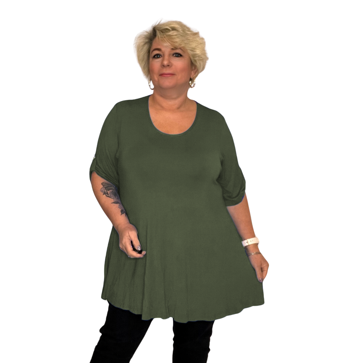 ROCKTHOSECURVES LOOSE FITTING A-LINE SWING TOP WITH BUTTON SLEEVES