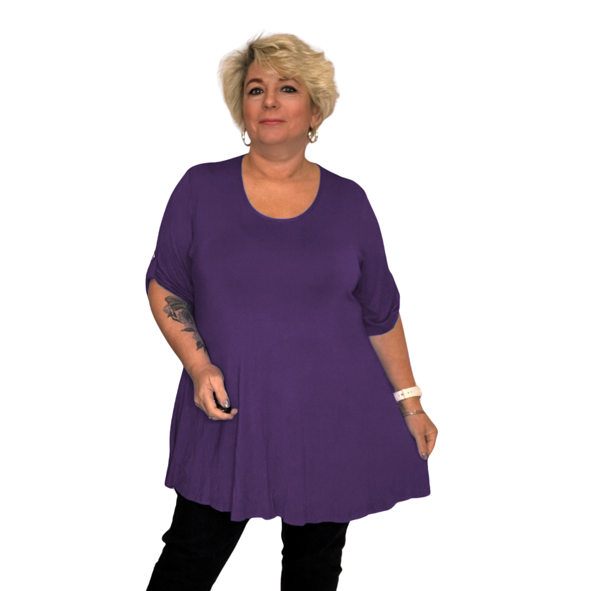 ROCKTHOSECURVES LOOSE FITTING A-LINE SWING TOP WITH BUTTON SLEEVES
