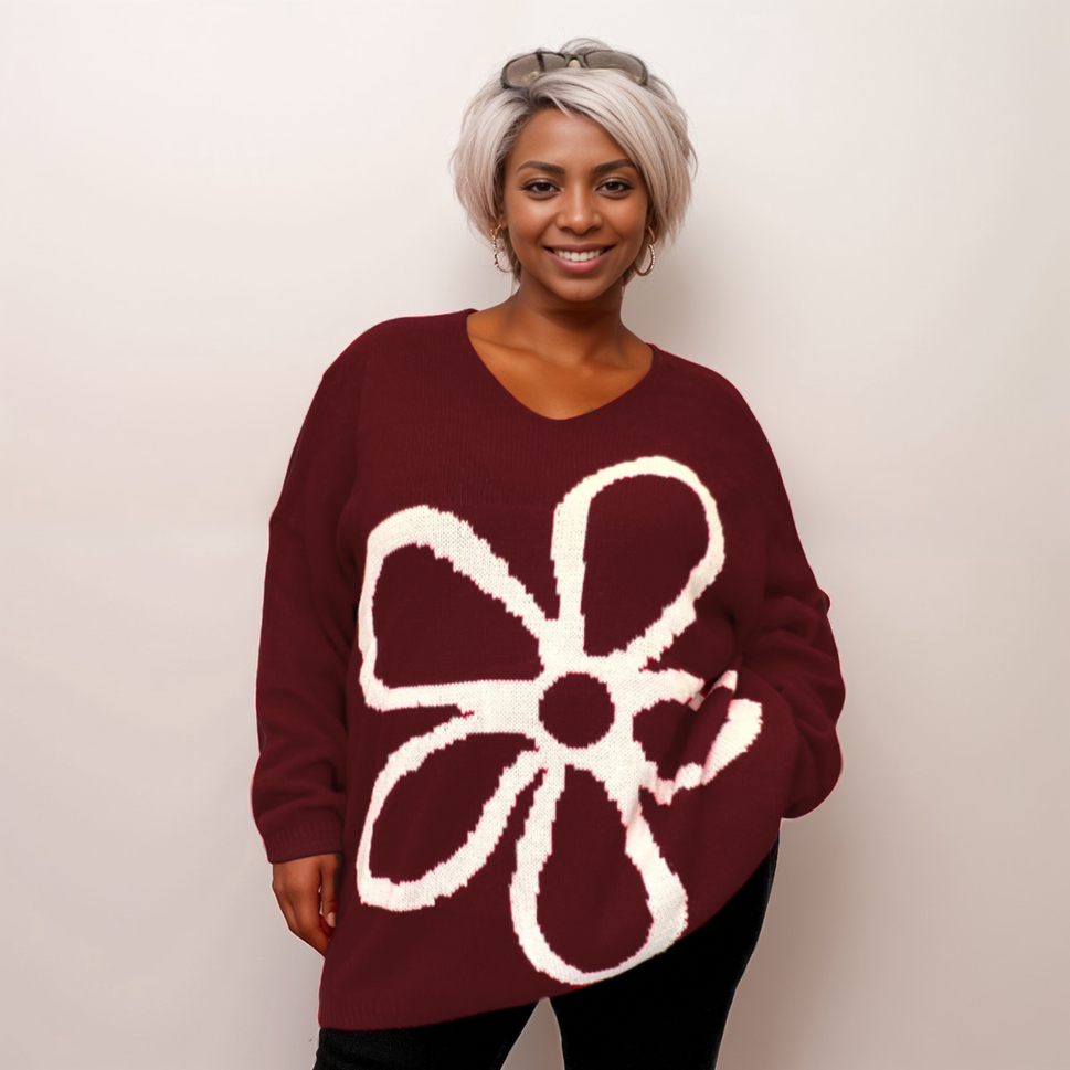 ROCKTHOSECURVES OVERSIZED V-NECK KNITTED JUMPER WITH LARGE FLOWERWine / UK 16-18