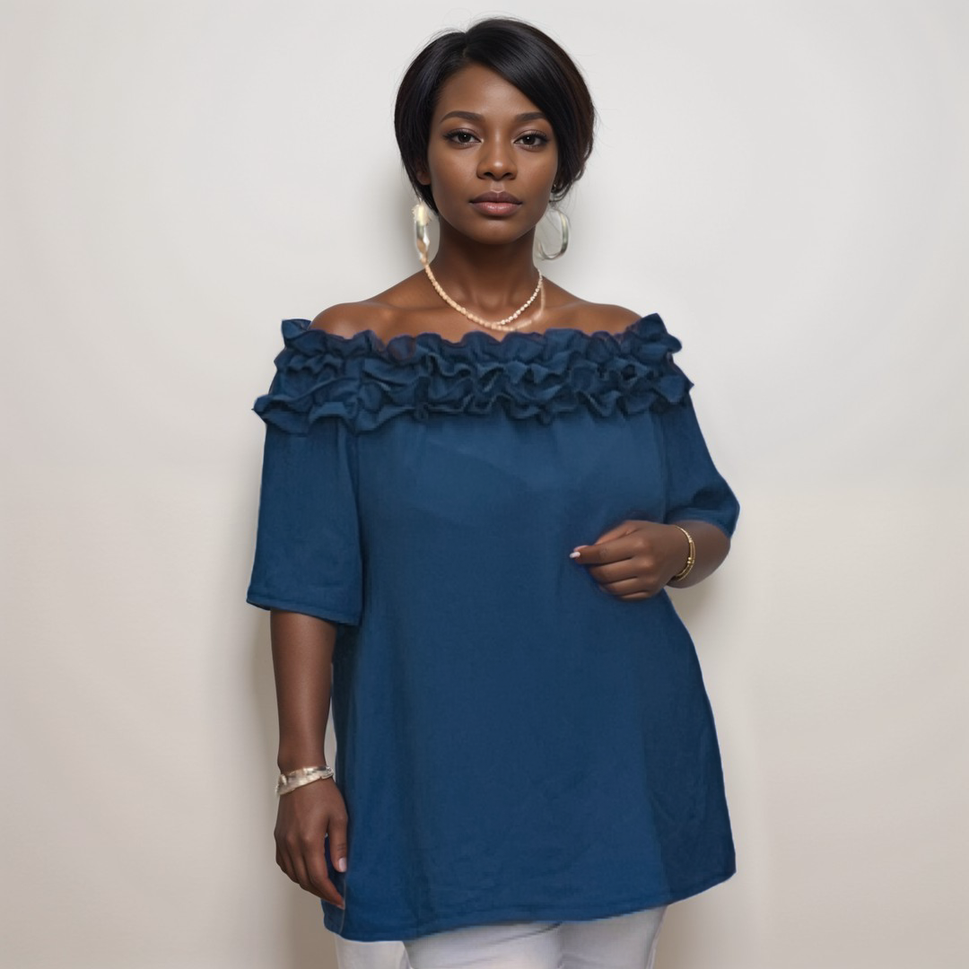 ROCKTHOSECURVES RUFFLED NECKLINE OFF SHOULDER PRETTY TOP / BLOUSENavy Blue / UK 12-14