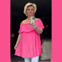 PLAIN BRIGHTLY COLOURED CRINKLED PLEATED LONG OFF SHOULDER TOP