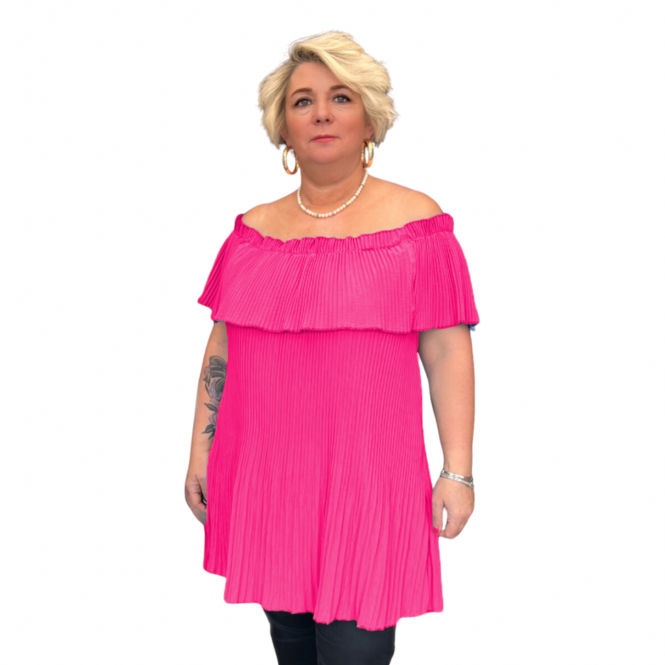 ROCKTHOSECURVES CRINKLED PLEATED LONG OFF SHOULDER TOPFuchsia / UK 16-18