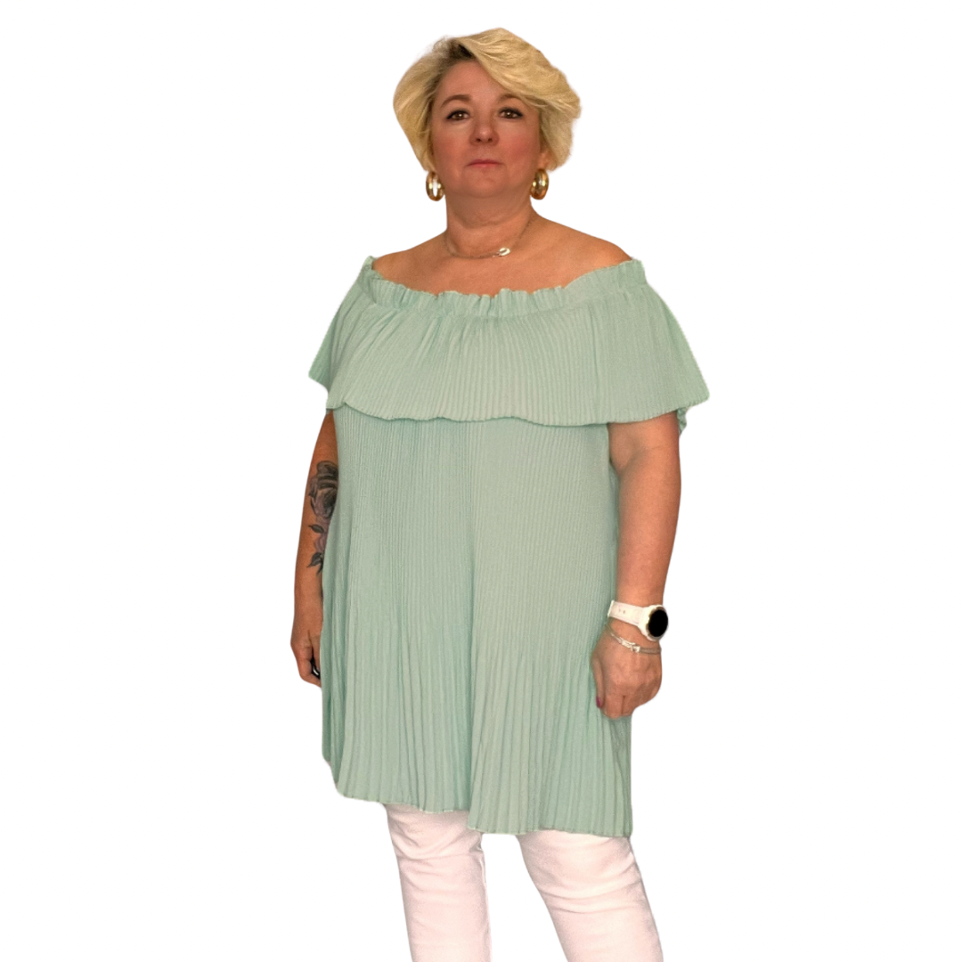 ROCKTHOSECURVES CRINKLED PLEATED LONG OFF SHOULDER TOP