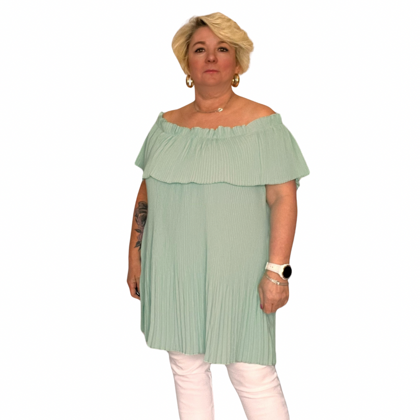 ROCKTHOSECURVES CRINKLED PLEATED LONG OFF SHOULDER TOP