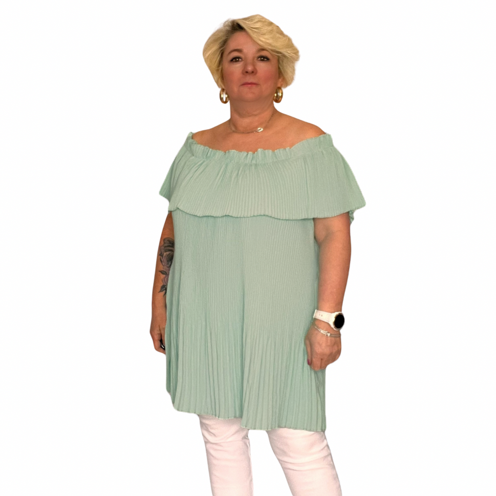 ROCKTHOSECURVES CRINKLED PLEATED LONG OFF SHOULDER TOPSage / UK 16-18