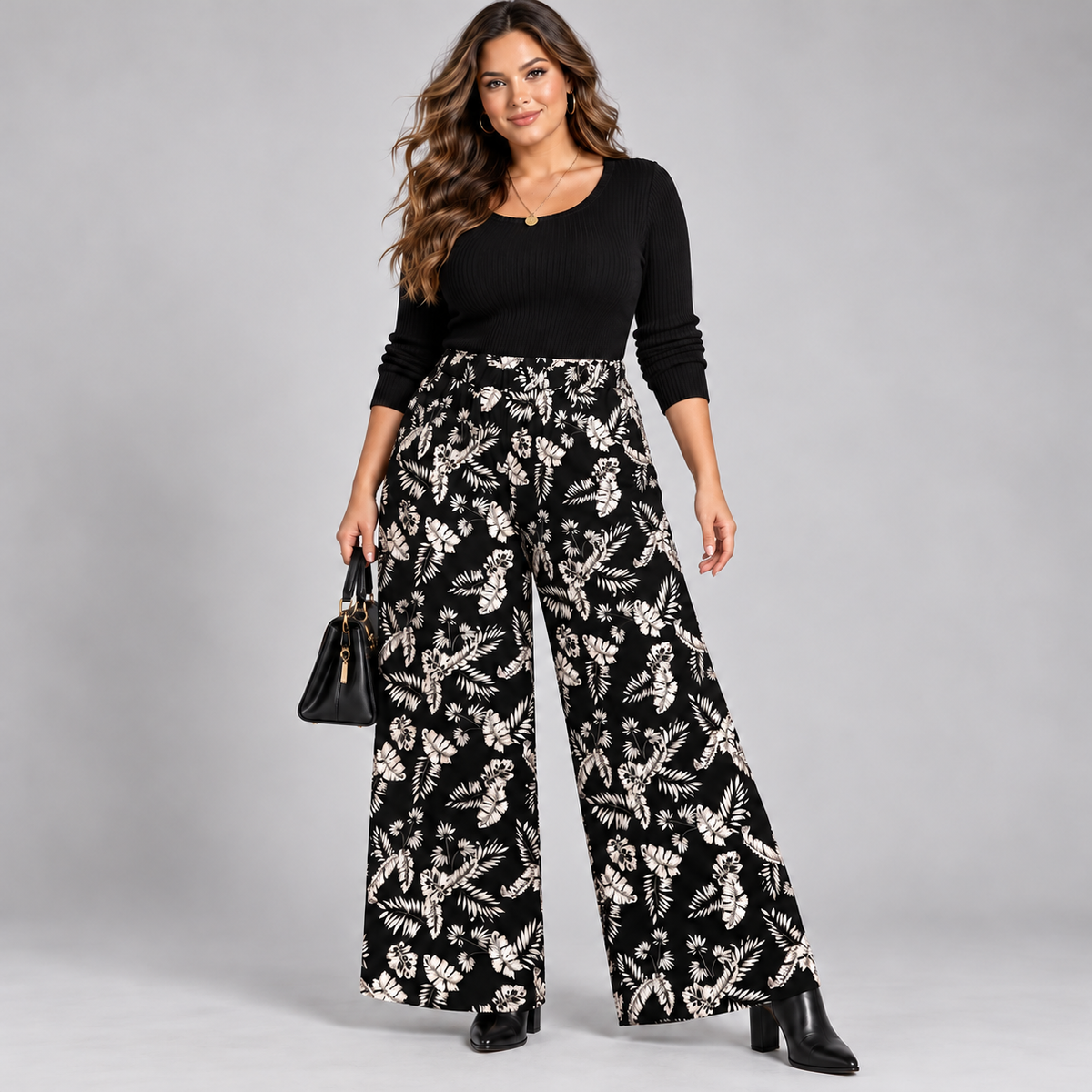 Black White Leaf Print Elasticated Waist Palazzo Trousers
