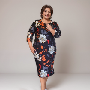 Black Orange Floral Fitted Midi Dress