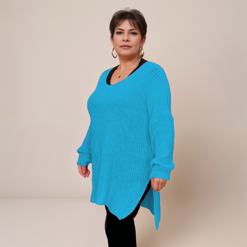 V NECK RIBBED JUMPER WITH LONG DIPPED HEMTURQUOISE / UK 16-18