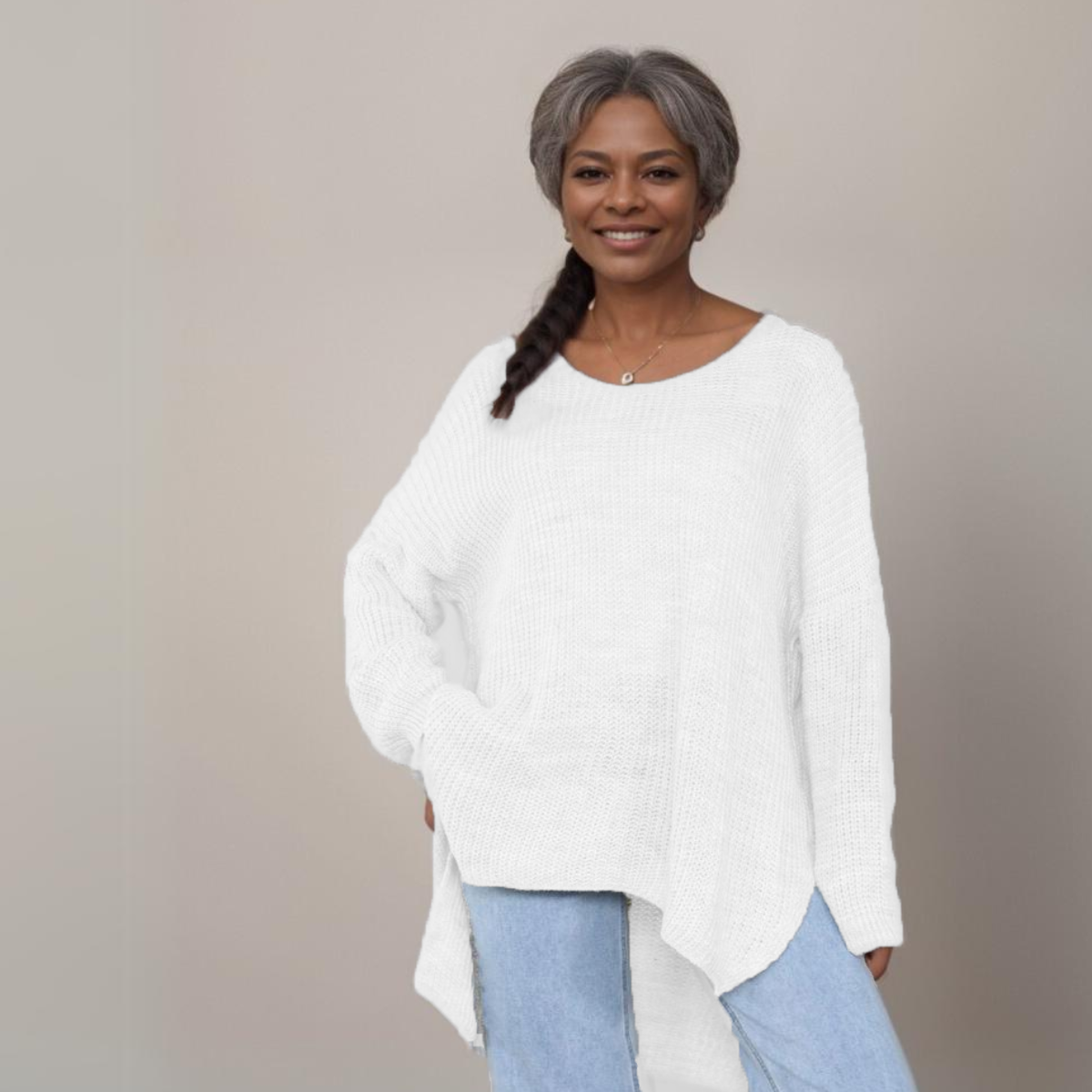 V NECK RIBBED JUMPER WITH LONG DIPPED HEM