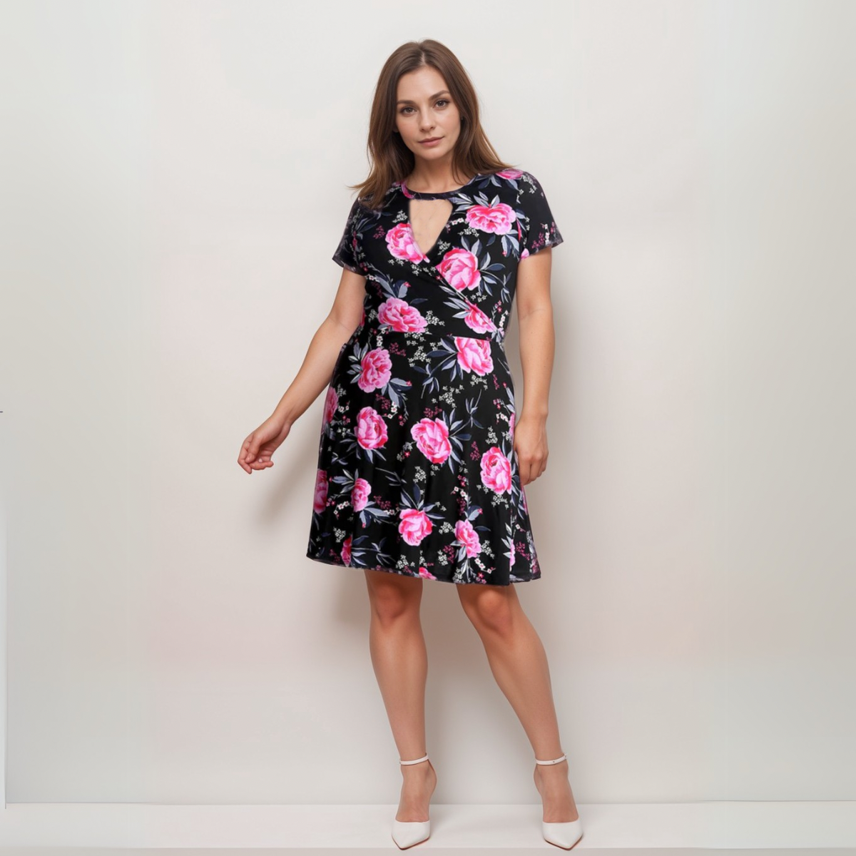 FLORAL SHORT SLEEVE MOCK WRAP SKATER DRESS