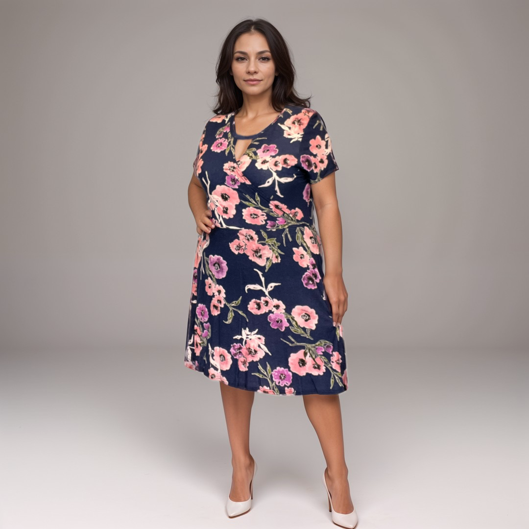 FLORAL SHORT SLEEVE MOCK WRAP SKATER DRESS