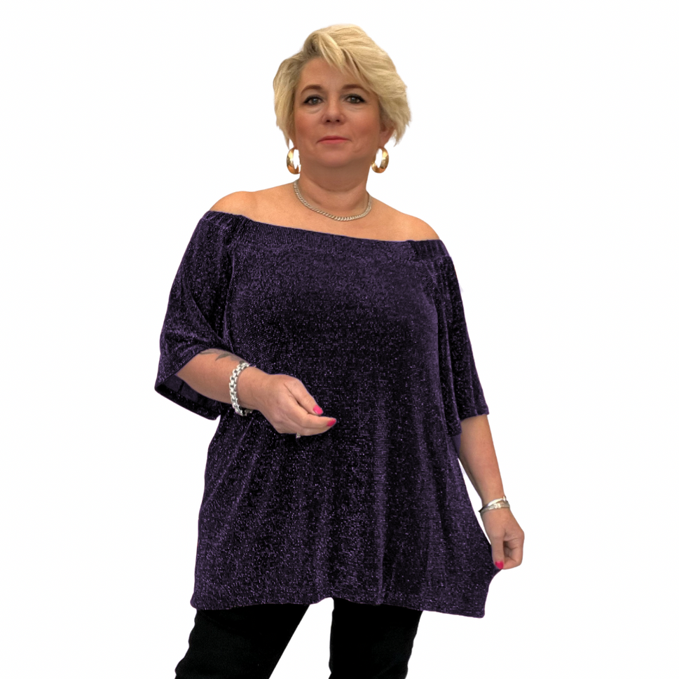 BARDOT OFF SHOULDER TRUMPET SLEEVE SPARKLY TOPPURPLE / UK 14