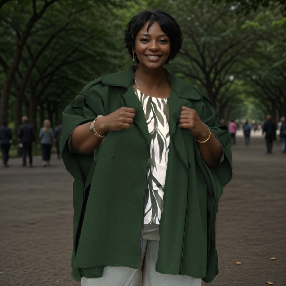 CAPE COAT CONTRASTING TRIM AND BUTTONS