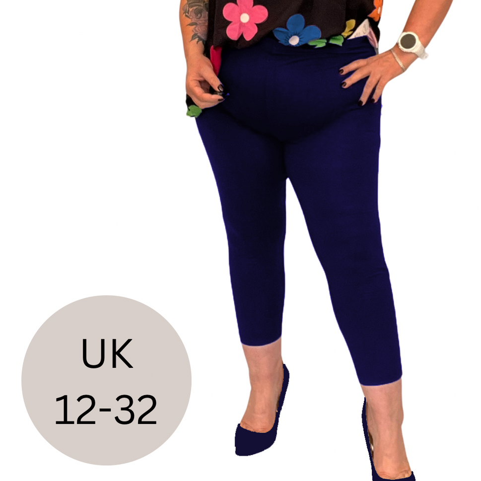 ROCKTHOSECURVES 3/4 CAPRI LEGGINGS SOFT STRETCHY HIGH WAISTNAVY BLUE / UK 12-14