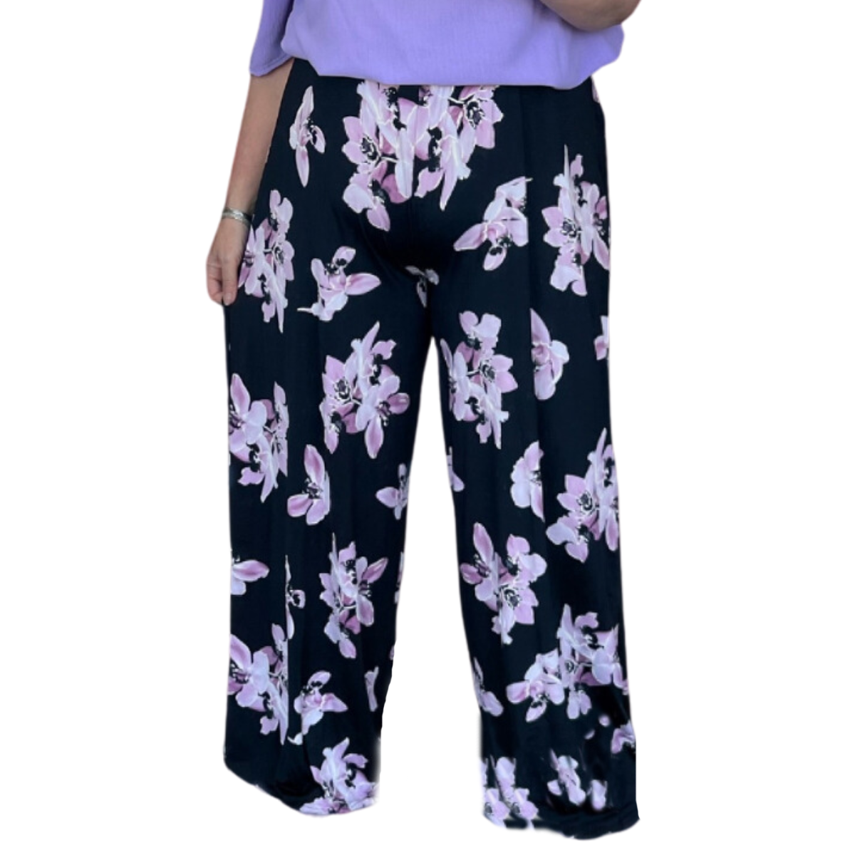 LILY PRINT WIDE LEG ELASTIC WAIST PALAZZO TROUSERS / PANTS