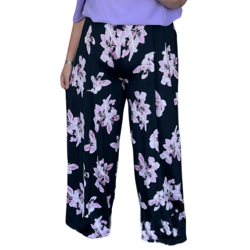 LILY PRINT WIDE LEG ELASTIC WAIST PALAZZO TROUSERS / PANTS