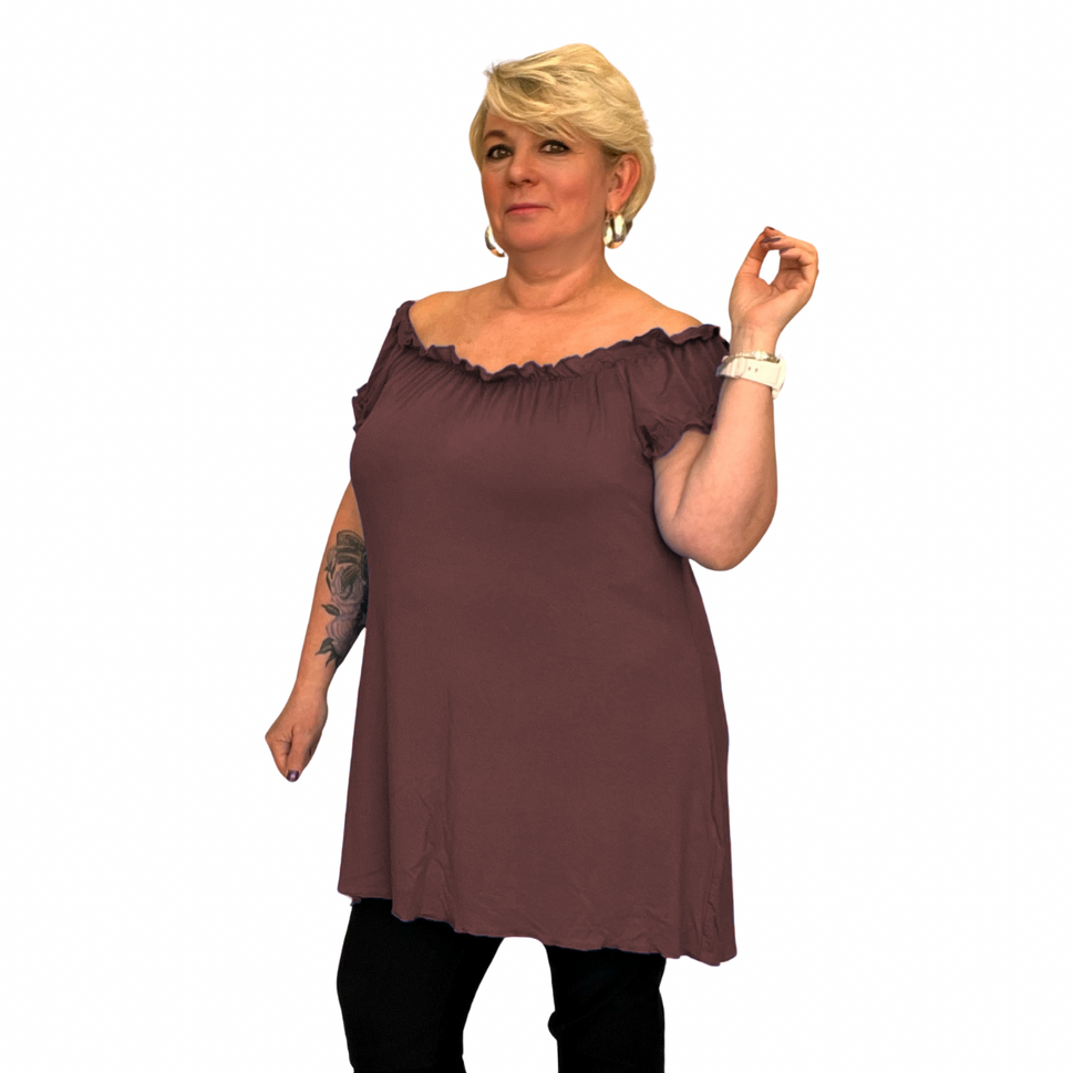 LONG OFF SHOULDER SHORT SLEEVE TOP / T-SHIRTBrown / UK 14