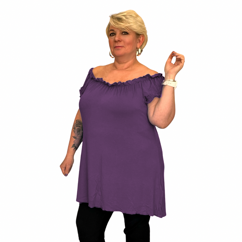 LONG OFF SHOULDER SHORT SLEEVE TOP / T-SHIRTPurple / UK 14