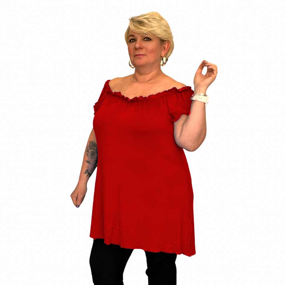 LONG OFF SHOULDER SHORT SLEEVE TOP / T-SHIRTRed / UK 14