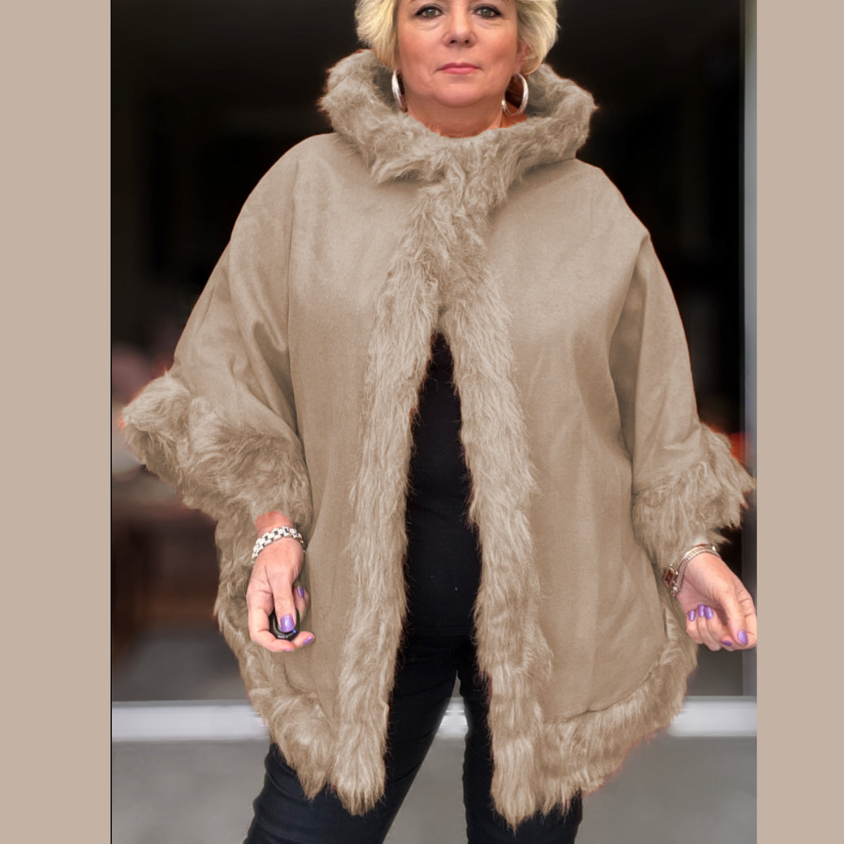 WOOL PONCHO CAPE COAT FAUX FUR EDGING + HOOD