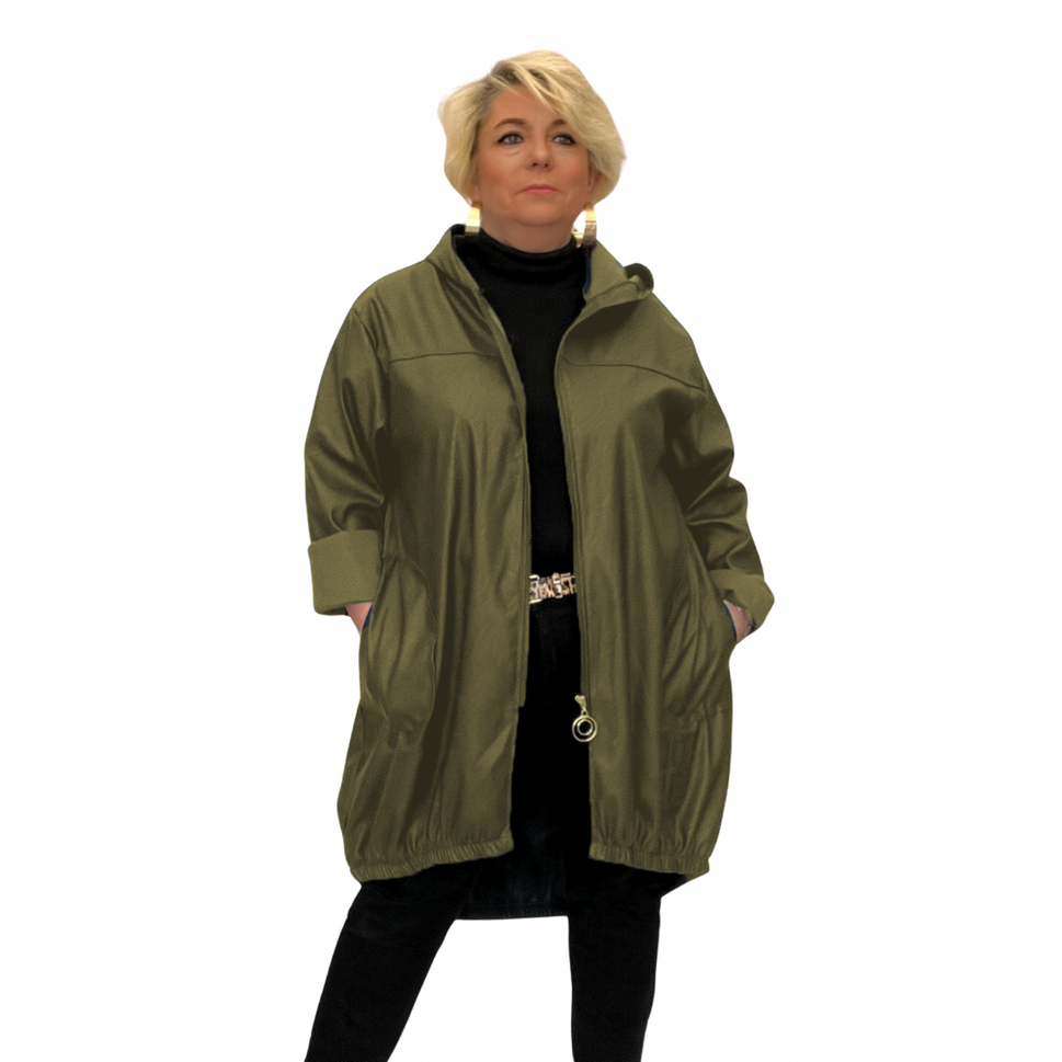 FAUX LEATHER LONG LENGTH COAT WITH ELASTICATED DIPPED HEMKHAKI / UK 12-14